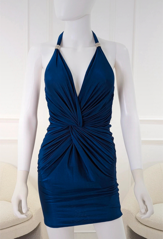 BNWT Embellished blue gathered fabric details mini dress size UK 8/10